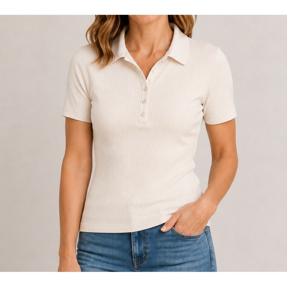 A NEW DAY Fitted Ribbed Knit Polo Shirt Womens XL Cream‎ Short Sleeve Casual Top